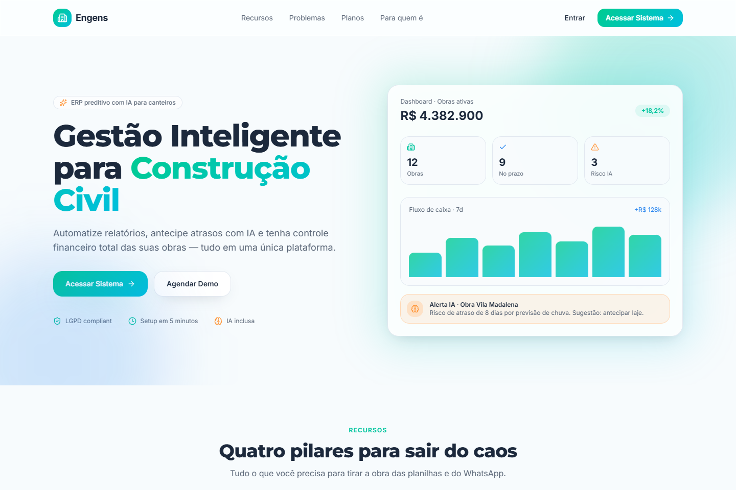 Landing page do SaaS Engens com hero em verde-água e painel de dashboard de obras