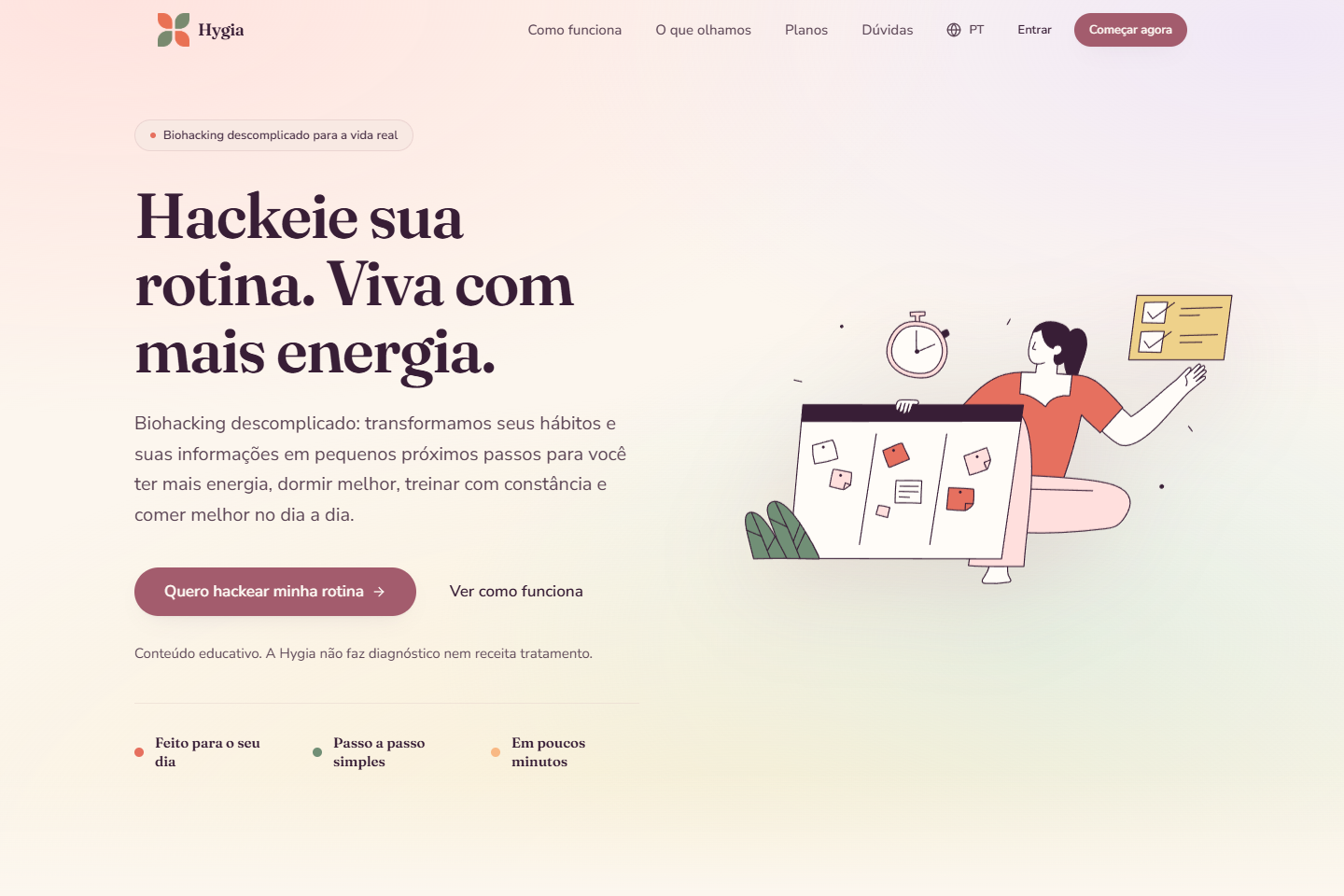 Home do SaaS Hygia com gradiente suave, título em serif e ilustração de rotina diária