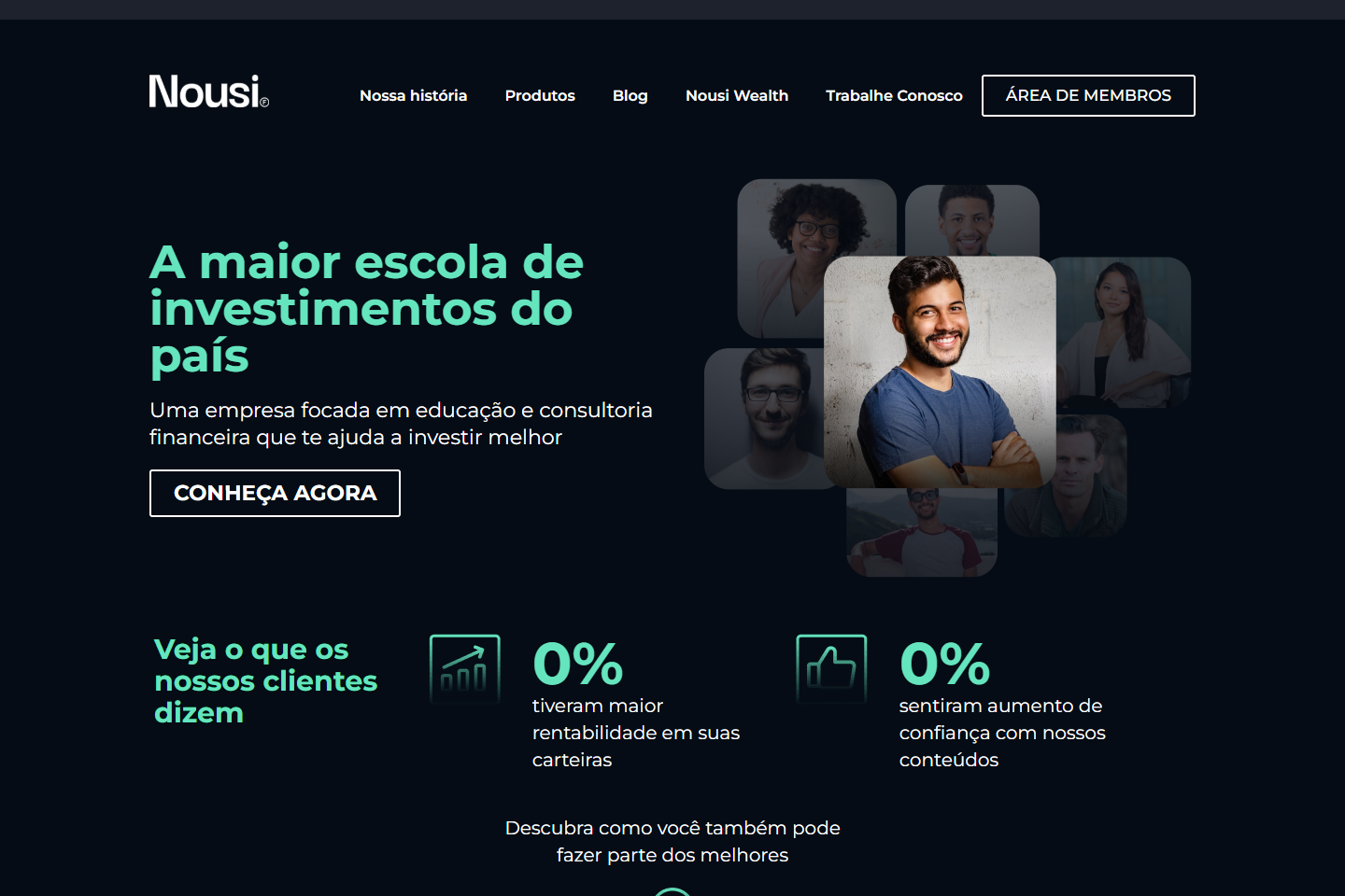 Home da Nousi Finance — Escola de Investimentos, com hero escuro, título em verde-menta e fotos de alunos