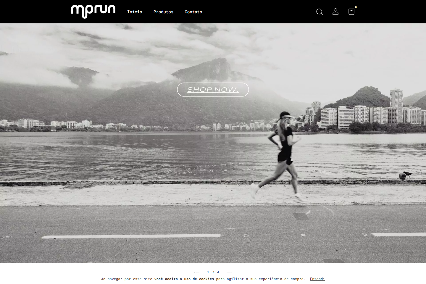 Home do e-commerce MPRUN em preto e branco com foto de corredora à beira da lagoa e botão Shop Now