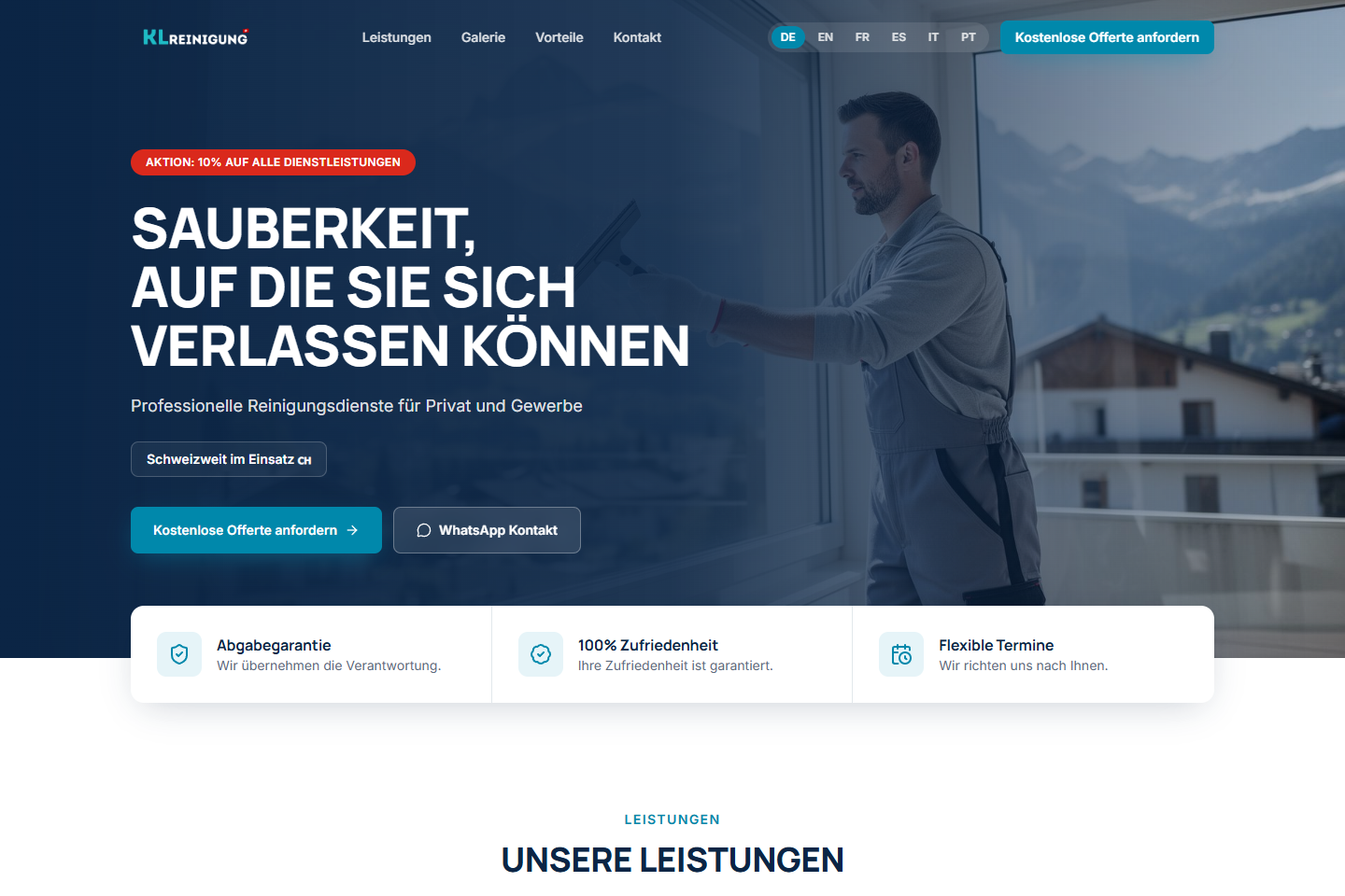 Home do site KL Reinigung em azul escuro com foto de limpeza profissional e cards de diferenciais
