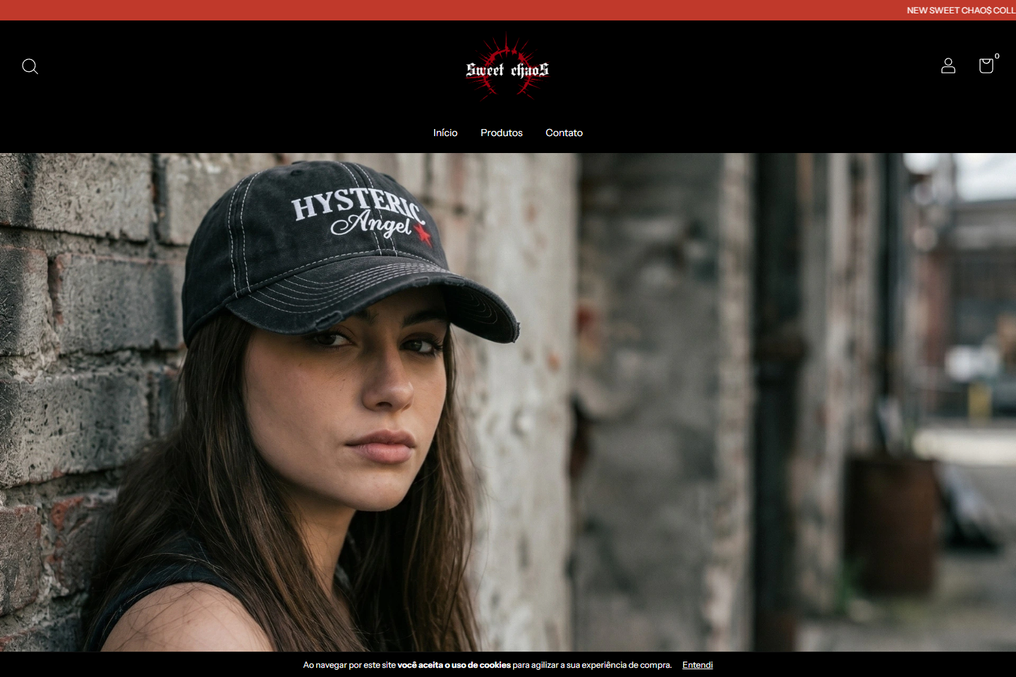 Home do e-commerce Sweet Chaos com header preto, logo em vermelho e editorial de moda urbana